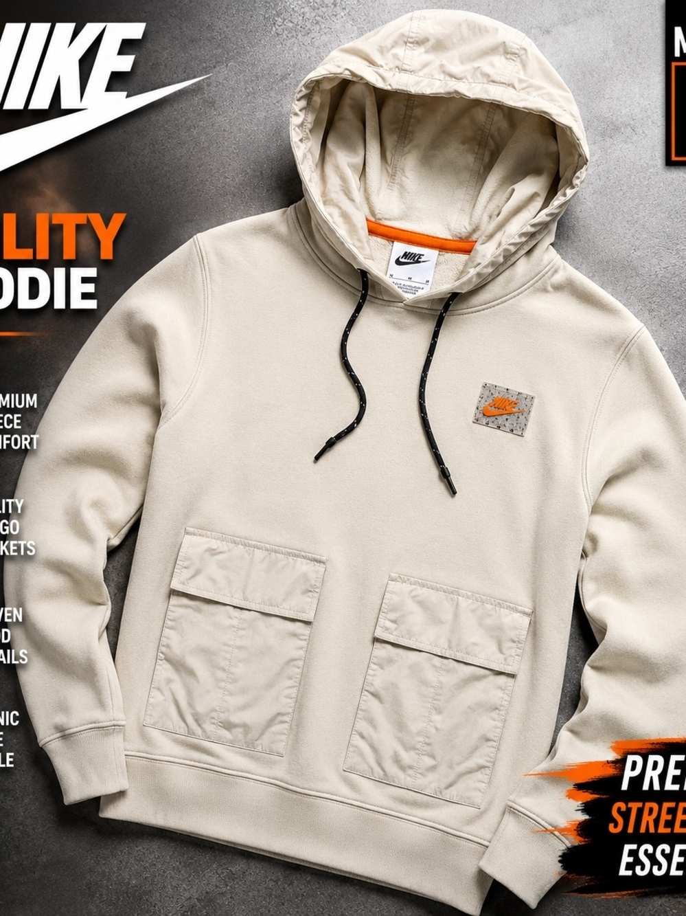 Nike Utility Cargo Hoodie Medium Cream Fleece Pullover Techwear Pocket Sweatshir